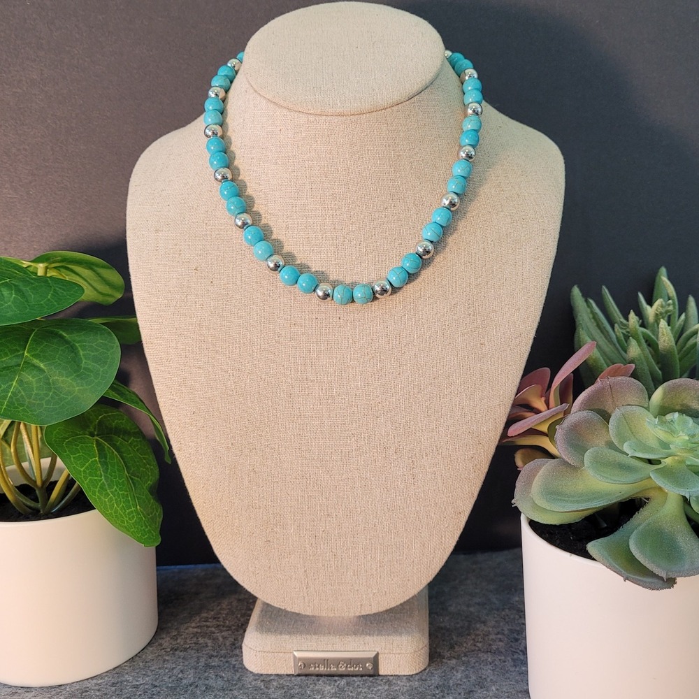 Southwestern Turquoise Color Silver Tone Bead Choker Necklace 14" Western Boho